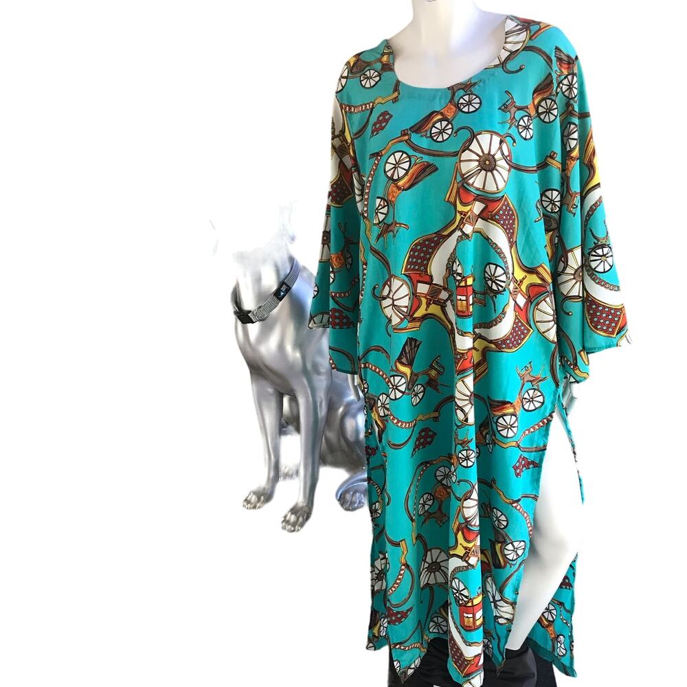 Tuk Tuk Print Blue Double Slit Dress Wide Sleeves Women's One  Size (Medium)